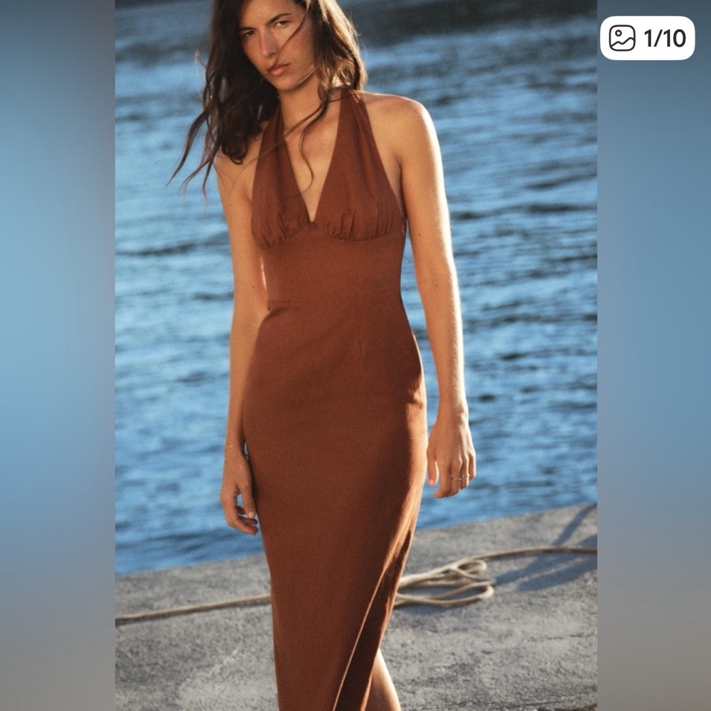 ZARA LINEN BLEND RUST MIDI DRESS